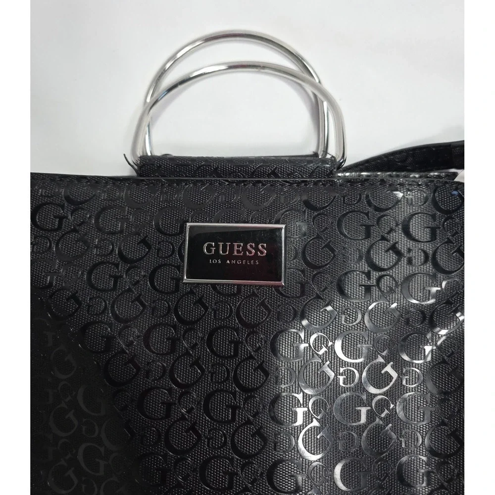 Guess Black Logo Satchel Handbag Silver Handle Crossbody Strap Spacious Bag - Picture 3 of 11